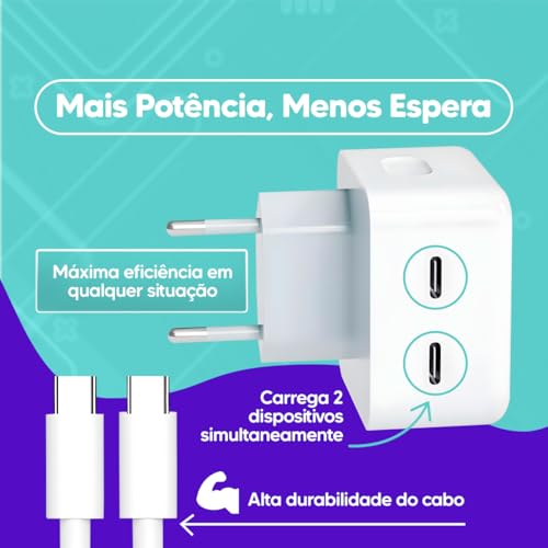 Carregador Tipo C Turbo 50W com Cabo USB-C 1M e Fonte Compatível com Iphone 15 16 Pro Max Plus Ultra