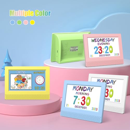 Image of Kids Digital Alarm Clock with Voice Scene Reminders, 7 inch Eye-Caring Display | Watercolor Wallpapers, Auto Dimming DST /Calendar Clock, Sleep Trainer Easy Setup Gift-Ready Box for Kids Birthday with Remote