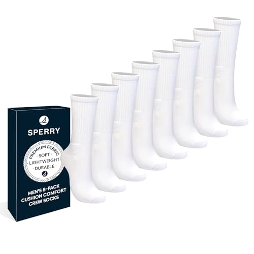 Sperry Men’s 8-Pack Cushion Comfort Crew Socks - Moisture-Wicking Athletic Socks –White Crew Socks for Everyday or Sports Use