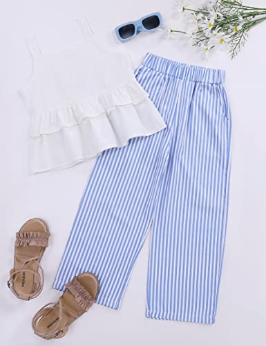 Image of Girl's 2 Piece Striped Outfits Cami Top Wide Leg Pants Ruffle Hem Summer Clothes with 2 Pockets 3-14Y