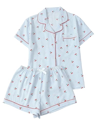 Image of BEAUDRM Women's Two Piece Pajama Sets Allover Print Short Sleeve Sleepwear Button Down Shirt and Bow Shorts Pj Set Loungewear