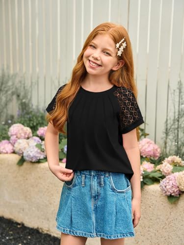 Image of Girls Pleated T Shirts Kids Fashion Lace Sleeve Summer Tops 5-14 Years | Casual Crewneck Blouse,Fashion Clothes