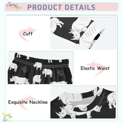 Pajama Sets Long Sleeve Rhino Pattern on Black Soft Comfy Sleepwear 2 Piece PJS 3-8T4