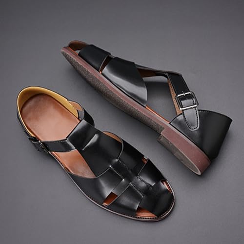 Image of Men's Leather Hollow Flat Fisherman Sandals with Buckle Comfortable Round Toe Breathable Low Heel Non-slip Roman Sandals for Leisure, Work, Driving