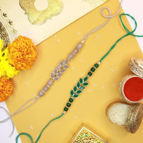 Image of I Jewels Mens Gold Plated Ethnic Pearl Beads Rakhi With Roli Chawal & Rakshabandhan Card For Brother /Bro /Bhai (Pack Of 2)