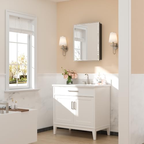 Image of Keonjinn Bathroom Medicine Cabinets with Mirror, 24 inch x 30 inch Brushed Nickel Medicine Cabinet, Recessed or Wall-Mounted, Aluminum Alloy Framed, Farmhouse Bathroom Mirror with Storage Cabinet