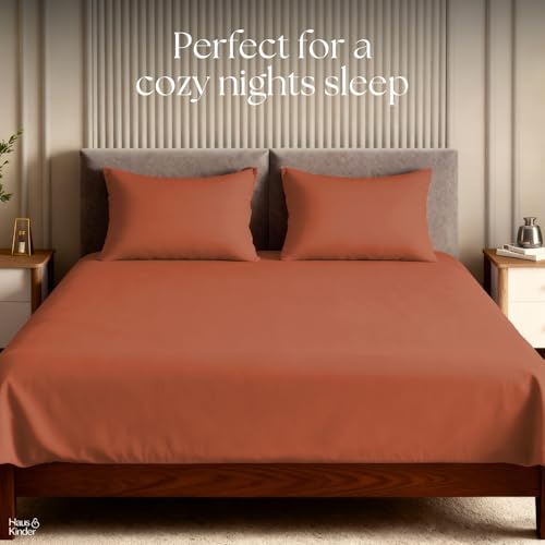 Image of haus & kinder Bedsheet King Size, 300 TC Cotton Sateen Weave, Flat Bedsheet for King Size Bed, Silky Smooth (Rust Orange, 108x108)