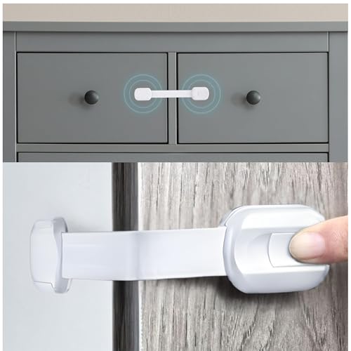 Image of SAFENEST Child Proof Cabinet Locks (10 Pack White) 3M Adhesive Child Locks for Cabinets and Drawers, Fridge, Drawer Strap Baby Proofing, Easy Install No Drilling; Alcohol Prep Pads Included