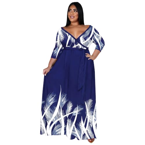 Image of Nmoder Plus Size Maxi Dress for Women - Summer Casual 3 /4 Sleeve Floral Flowy Long Dress with Belt XL- 6XL