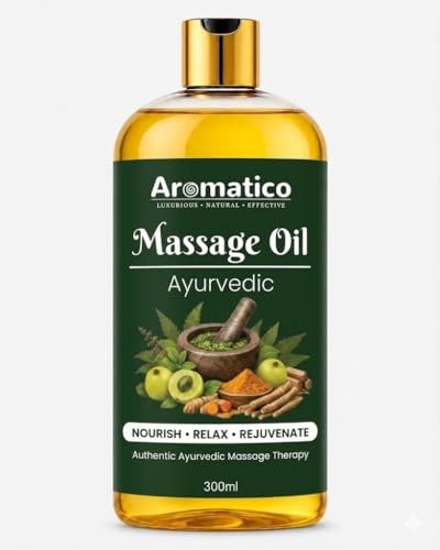 Image of AROMATICO Ayurvedic Massage Oil - Herbal Massage Oil with Traditional Ayurvedic Herbs, Almond & Sesame for Muscle Relaxing, Stress Relief & Daily Abhyanga | 300ml
