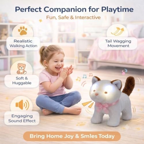 Image of Interactive Walking Cat Toy Battery Operated LED Eyes Meowing Plush Cat Moving Tail Soft Stuffed Animal Toy for Kids Boys Girls Educational Fun Pet Toy