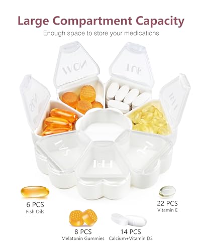 Image of MOLN HYMY Large Weekly Pill Box 7 Day, Cute Pill Case Organizer 1 time a Day, Floral Pill Container Once Daily, Pretty Medicine Dispenser for Vitamin /Fish Oil /Medication /Supplements (Clear White)
