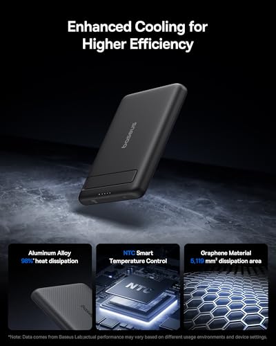 Image of Baseus Picogo Power Bank, Smallest Qi2 Certified 15W MagSafe Portable Charger, 0.5 inch Ultra Slim 5000mAh Magnetic Battery Pack with Stand, Alloy Wireless Charger for iPhone 17 Pro Max /17 Air /16 Series