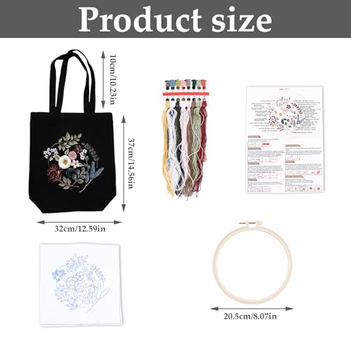Sticken Set mit Leinentasche Stickset Canvas Tote Bag Anfänger Erwachsene Stickerei Blumenmuster Mit Werkzeug und Anleitung Kreuzstich Kit Stickpackung für Anfänger Erwachsene und Stickereiliebhaber