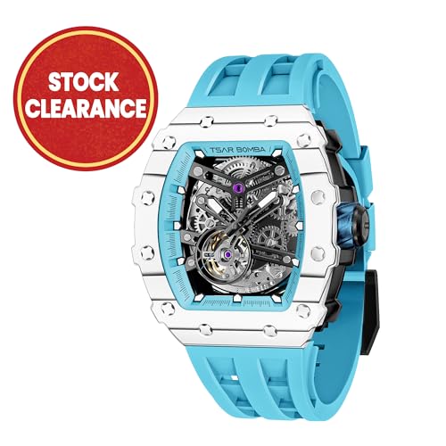 Image of TSAR BOMBA Men's Automatic Watch Tonneau Luxury Skeleton Watches for Men Mechanical 50M Waterproof Analogue Watches Mens Unique Cool Square Big Face Dial Wristwatch with Silicone Strap Band