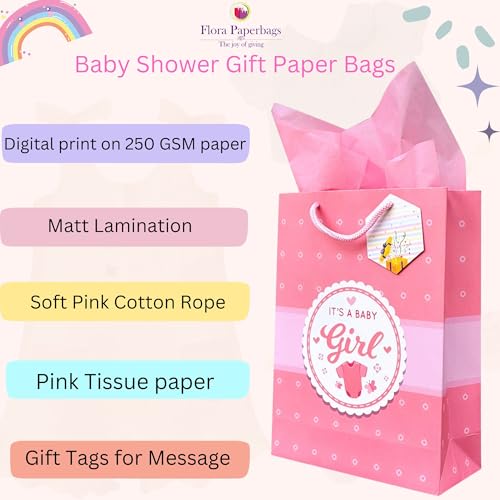 Image of Flora Paperbags -Pack of 10 | Pink Baby Shower Design Paper Gift Bags for Return Gifts | Medium Size-23x30x9cm | Glossy Lamination | paper bags for Birthday | Holiday Presents