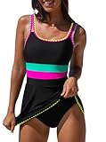 popvil Women's One Piece Swimsuit 2026 Swim Dress Neon Tummy Control Bathing Suit Swimdress with Shell Trim U Neck Swimwear, Black, Large