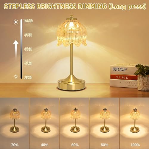 Image of NYRWANA Flower Rechargeable Cordless Glass Table Lamp | 2000mAh Battery | 3 Colour Touch Control, Stepless Dimming, USB-C Charging | Metal Gold Bedside Lamp for Bedroom, Living Room, Home Decor