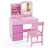 COSTWAY Kinder Schminktisch mit Beleuchtung, Kinderschminktisch mit Spiegel, Schubladen & 2 Boxen, Frisiertisch Prinzessin Set, Kosmetiktisch für Mädchen ab 3 Jahren (Bogen, mit Boxen,Rosa)