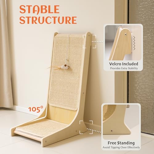Image of PETKARAY Sisal Cat Scratcher, Upright Cat Scratch Pad Wall Mounted, Vertical Scratching Post Alternative, L Shape Scratching Board 105