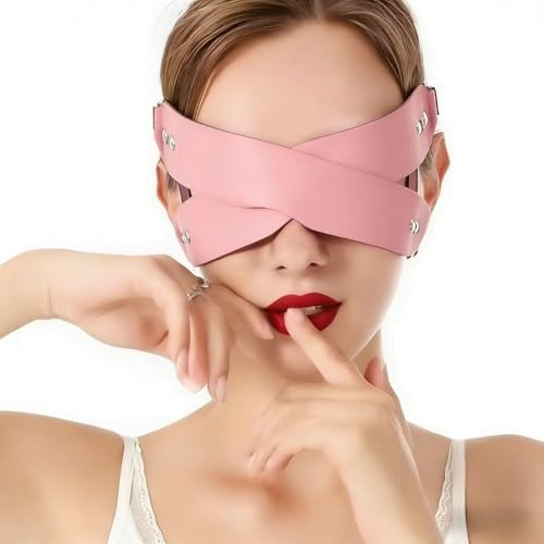 Women Sexy PU Leather Eye Mask Leather Half Face Masquerade Mask Halloween Couples Cosplay Play BDSM Bondage (Pink One size)