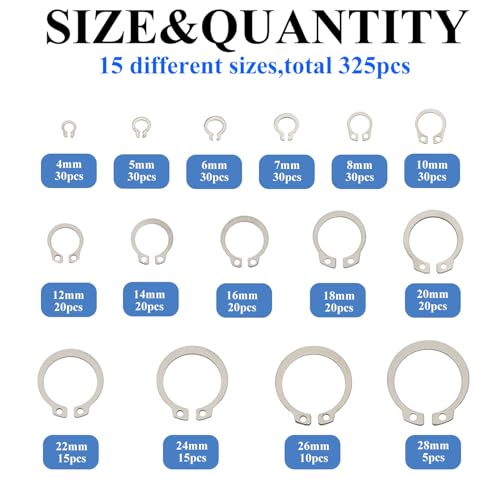 325Pcs 304 Stainless Steel External C-Clips Shaft Circlip Retaining Snap Ring Assortment Set