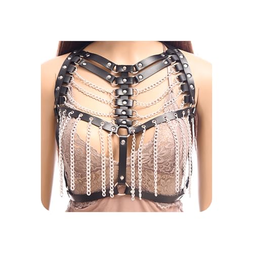 Punk Adjustable Chest Chain for Women- Gothic Faux Leather Chest Harness & Waist Body Chain Bra Belt Alternative Fashion Jewelry for Women (Chest Band Tassel)