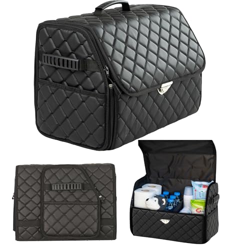 the mask el turko Leather Trunk Organizer with Lid for Suv and more, Foldable Car Organizer, Car Organizers and Storage with Pockets, Non-Slip Design (Black-Black)