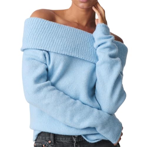 Image of Women Cute Off The Shoulder Sweater Sexy Long Sleeve Slouchy Knit Loose Fit Pullover Top Going Out Knitwear Jumper