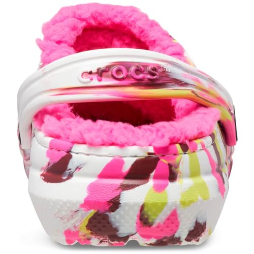 Image of Crocs Unisex-Child Kids' Classic Marbled Tie Dye Lined Clogs, Fuzzy Slippers, Electric Pink /Multi, 11 Little Kid