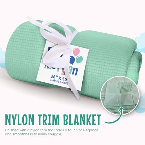 Image of Blankets Thermal Waffle Baby Blanket Crib Bedding - Soft Cozy Warm Infant Thermal Cover for Nursery Stroller or Bassinet, Lightweight Ideal Shower Gift, Nylon Trim Mint Green 36 inch x 50 inch