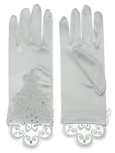 Girls Wrist Length Lace Cuff Crystal Stretchy Satin Gloves
