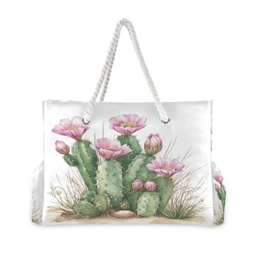 Watercolor Cactus Plant Beach Bag & Travel Tote Bag Large Sandproof with Zipper Closure, Wet Pouch for Swim Gym Travel, Lightweight Foldable Outdoor Bag2