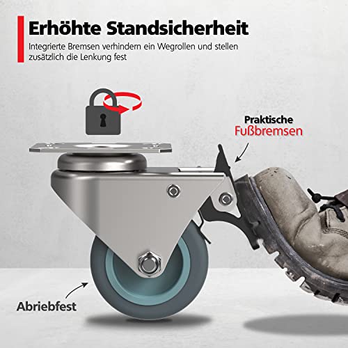 RAVN HAMAN 4er Set Möbelrollen 50 mm - Schwerlastrollen mit Bremse bis 100 kg pro Rad - Doppelrollen für innen und außen - Lenkrollen für viele Bodenarten - Transportrollen - Standkorbrollen, aus TPR