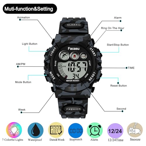 Image of Kids Watch Digital for Boys-Waterproof Kids Sports Watch with Light, Alarm&Snooze,Stopwatch Military Design Silicone Band Gift for Birthdays,Christmas Outdoor Activities(8+ Years)