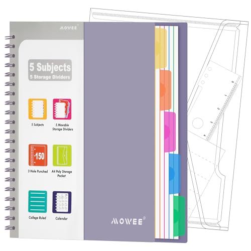 Image of 5-Subject Spiral Notebook, College Ruled, with Pocket & Tab Dividers | 300 Pages, 11 inch Ruler, 8.5 inchx11 inch Violet, Pocket Dividers with Tab Labels, for Writing Journal, Home, Office & School Supplies
