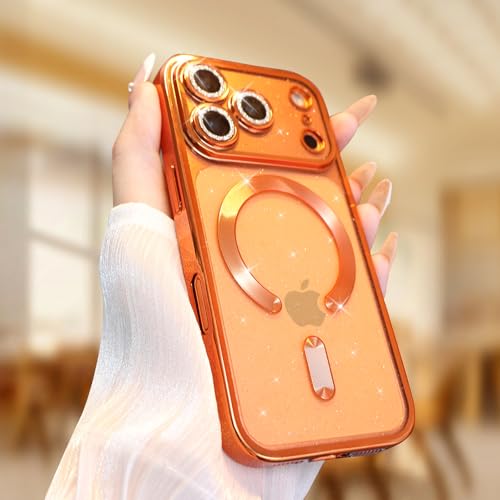 Image of Misscase for iPhone 17 Pro Max Case with Privacy Screen Protector, Built-in Lens Protector, Compatible with MagSafe, Anti-Yellowing Shockproof TPU, Bling Glitter Electroplated Cover 6.9 inch Orange