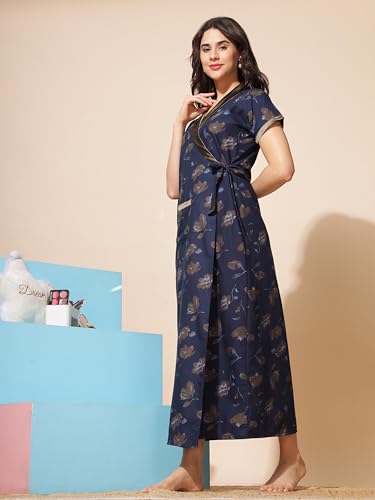 Image of 9shines Label Stylish Cotton Nighty Robe for Women | Front Open Floral Housecoat | Wrap Nighty with Pocket | Adjustable Waist Tie | Plus Size housecoat (HC-2026)
