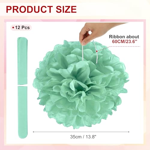 Miniatura 2 de Patikil 12pcs Flores De Papel, Pompones De Seda Decoración De Fiesta Carnaval Flor Abeja Bolas Para Fiestas Boda Despedida De Soltera Cumpleaños Manualidad Diy, 35cm, Verde Menta