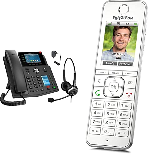 GEQUDIO IP Telefon GX5+ Set mit Netzteil & Kabel-Headset - Fritzbox, Telekom kompatibel & AVM Fritz!Fon C6 DECT-Komforttelefon weiß, deutschsprachige Version Cover