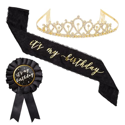 Sparkle and Bash It's My Birthday Sash, Ribbon Pin, Gold Rhinestone Tiara Crown (Black, 3 Piece Set) - Its My Birthday Pin