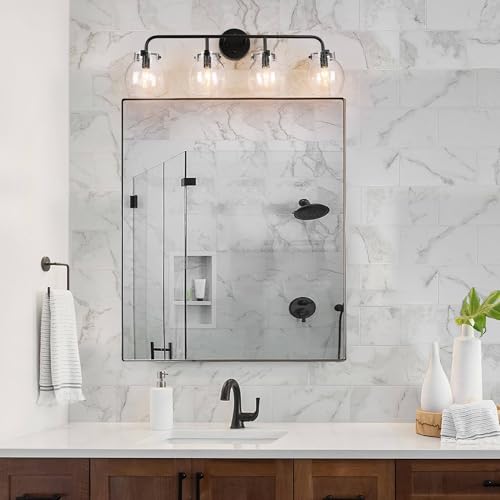 Image of KSANA Black Bathroom Light Fixtures, 4 Light Matte Black Vanity Lights for Bathroom with Seeded Glass Globe, 29 inch Modern Farmhouse Bathroom Lights Over Mirror