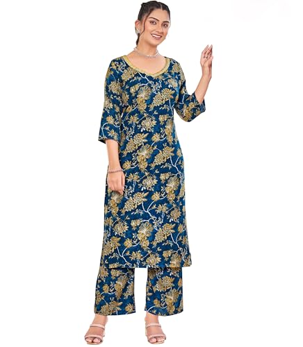 Image of London Hills Women Printed Kurta with Pant Salwar Suit Set || Plazo Kurti Cotton Set