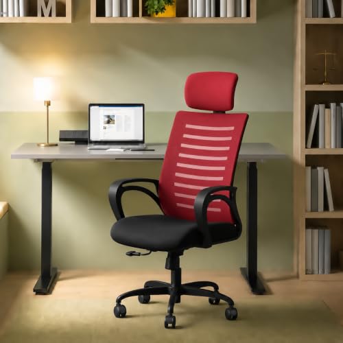 Image of CELLBELL Desire C104 Mesh High Back Ergonomic Office Chair - Adjustable Seat Height, Sturdy Metal Base, Revolving Study & Computer Chair for Work from Home, Red