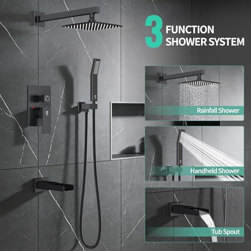 Image of SR SUN RISE 8 Inch All Metal Square Shower System with Tub Spout, Tub Shower Faucet Set, High Pressure Rain Shower Head and Handheld Sprayer Shower Fixtues, Valve Included, Matte Black