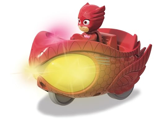 Dickie Toys 203142002 PJ Masks Mission Racer Owlette, Die-Cast Fahrzeug mit Freilauf, Licht & Sound, spielt Titelmelodie aus der Serie, inkl. Eulette Figur, 12 cm, rot, inkl. Batterien