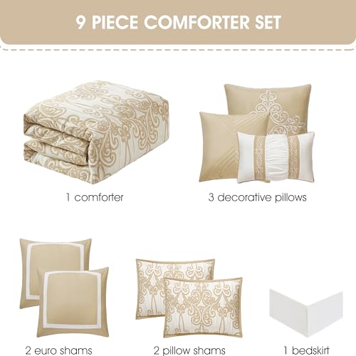 Stratford Park Beige and Gold Comforter Set Queen Size, 9 Piece Jacquard Floral Bedding Set, All Season, Ultra-Soft, Matching Pillows & Shams, Bed Skirt by Stratford Park - Used condition - Image 4