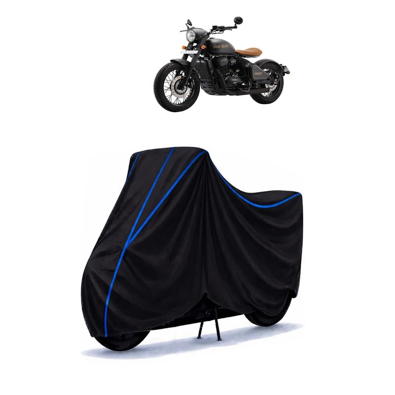 Image of Jawa Perak Bike Cover Water Resistant Universal Motorcycle Rain | Heavy Duty UV Protection, Dust, Scratch Indoor Outdoor All Weather with Black Blue Piping Elastic