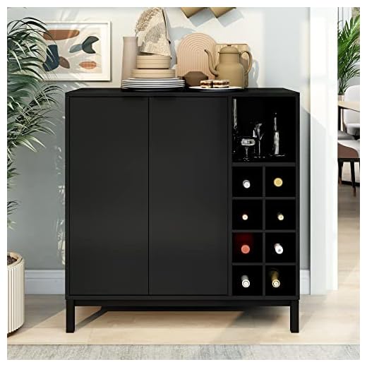 LUMISOL Modern Bar Cabinet Server and Wine Rack, Kitchen Buffet Sideboard Wine Cabinet with Storage, Entryway Serving Storage Cabinet with 2 Door and 9 Wine Cabinets for Kitchen (Black)