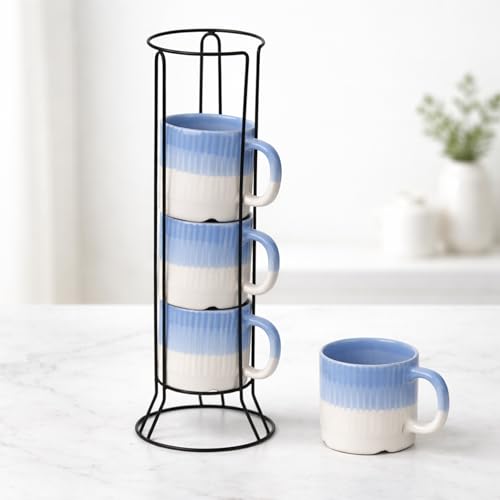 Image of The Earth Store Sky Blue Fringe Premium Ceramic Cup Set of 4 for Tea, 200 ML | Microwave and Dishwasher Safe Space Saver Tea Cup with Stand | Coffee Cups for Gifting, Home & Office Use, Every Occasion